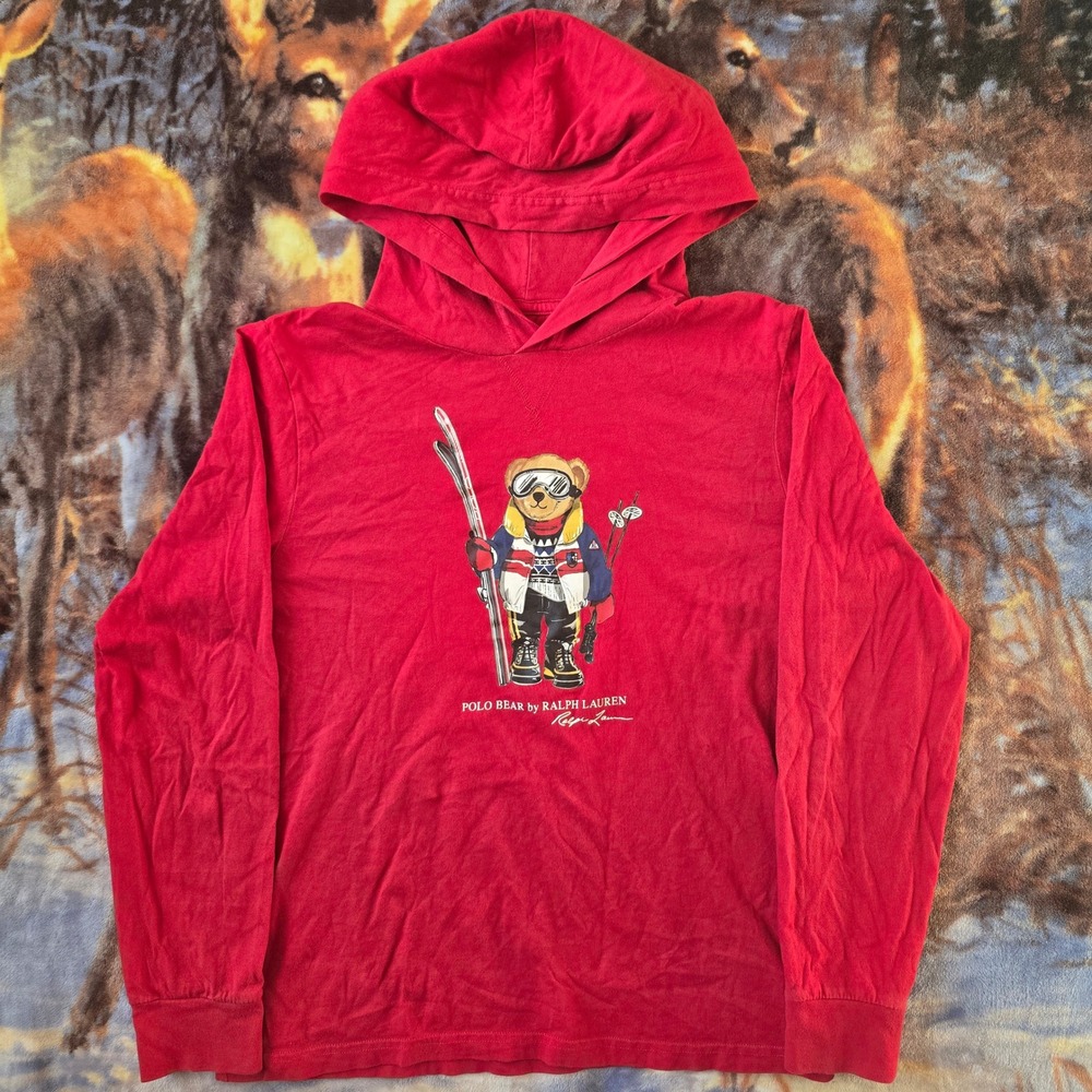 Polo Ralph Lauren Big Bear Skiing Lightweight Graphic Y2K Red Hoodie sz S/M